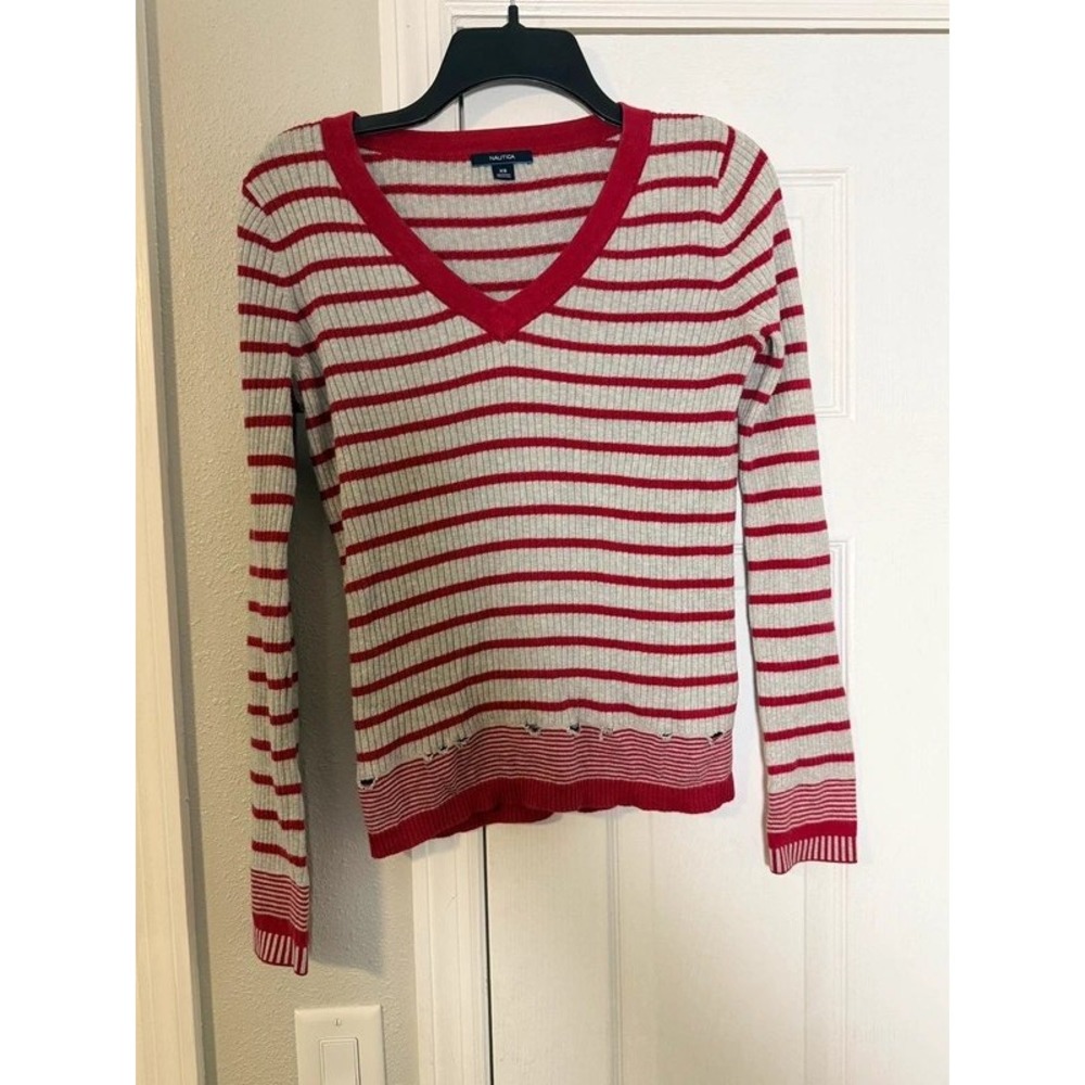 Nautica Womens V-Neck Striped Ribbed Knit Sweater Grey Red XS Distressed
